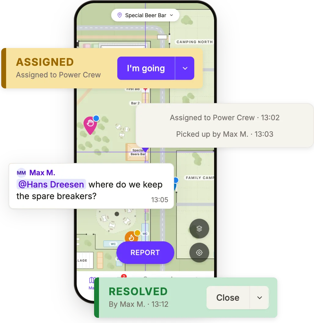A task on a crew member's phone: assigned to Power Crew, picked up, a question in the chat, resolved