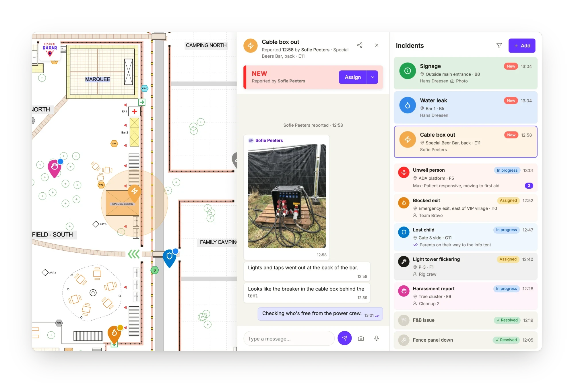 Festival Radar Pro control center: map with incoming incidents