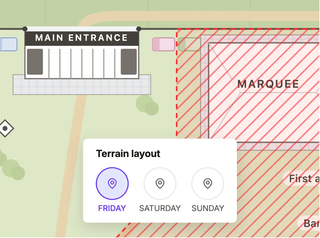 Terrain layout switcher with Friday, Saturday and Sunday, and a hatched area of the map that is closed that day