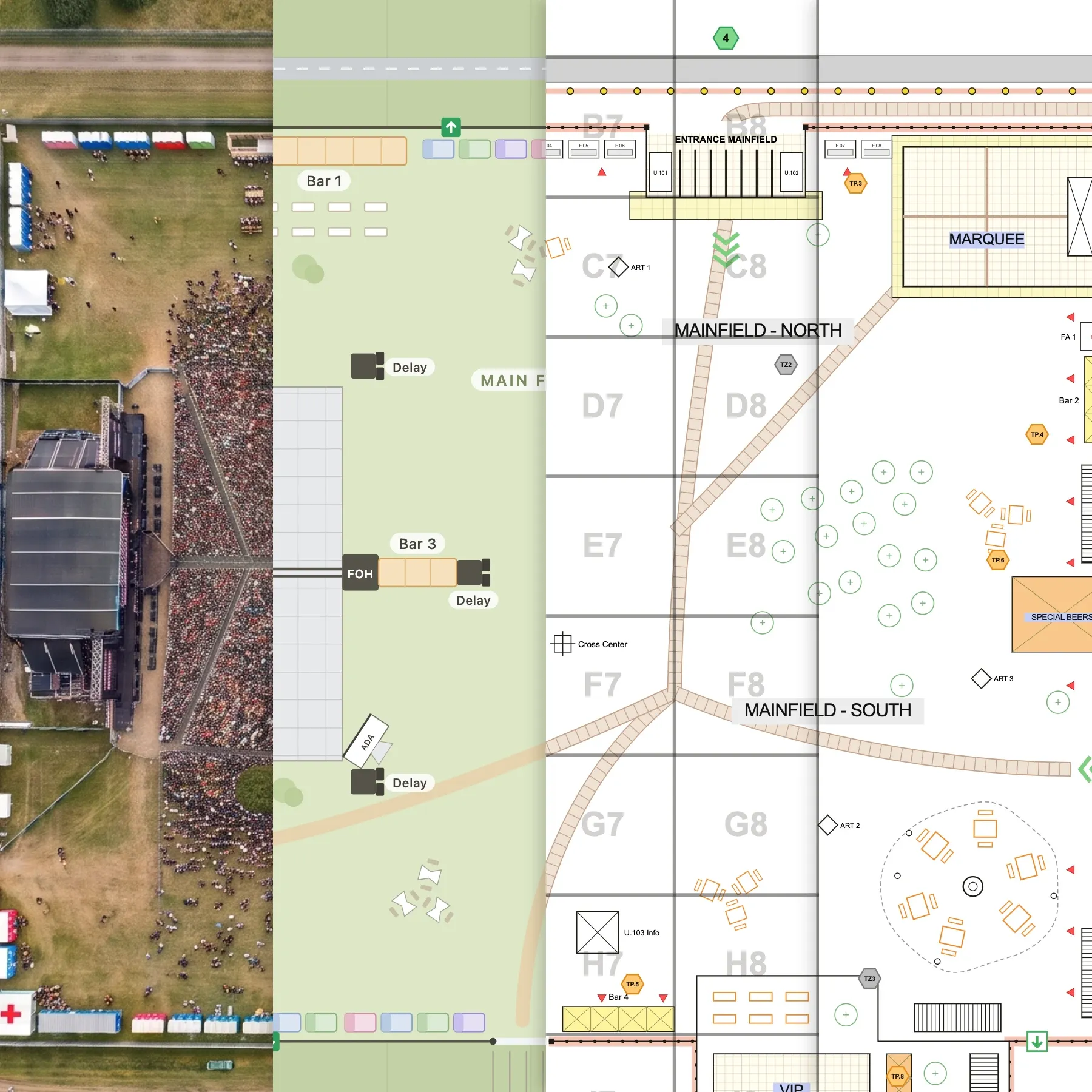 The same festival site as an aerial photo, a public map and a technical drawing