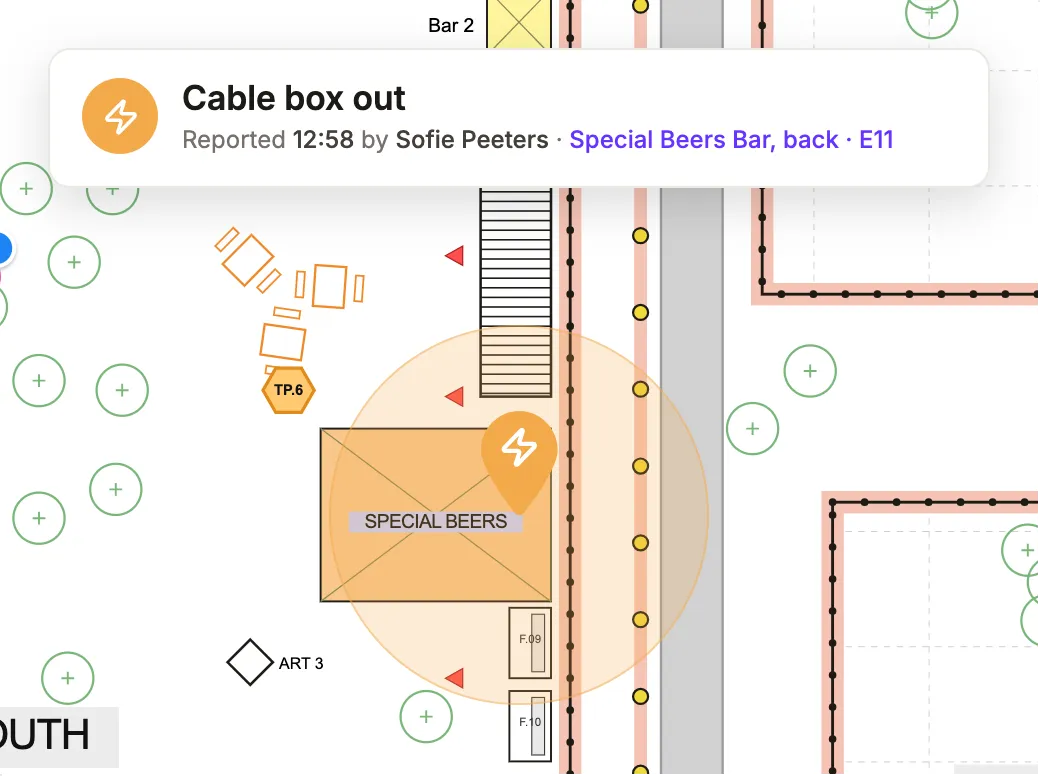 An incident card reading Special Beers Bar, back, E11, above its pin on the technical drawing