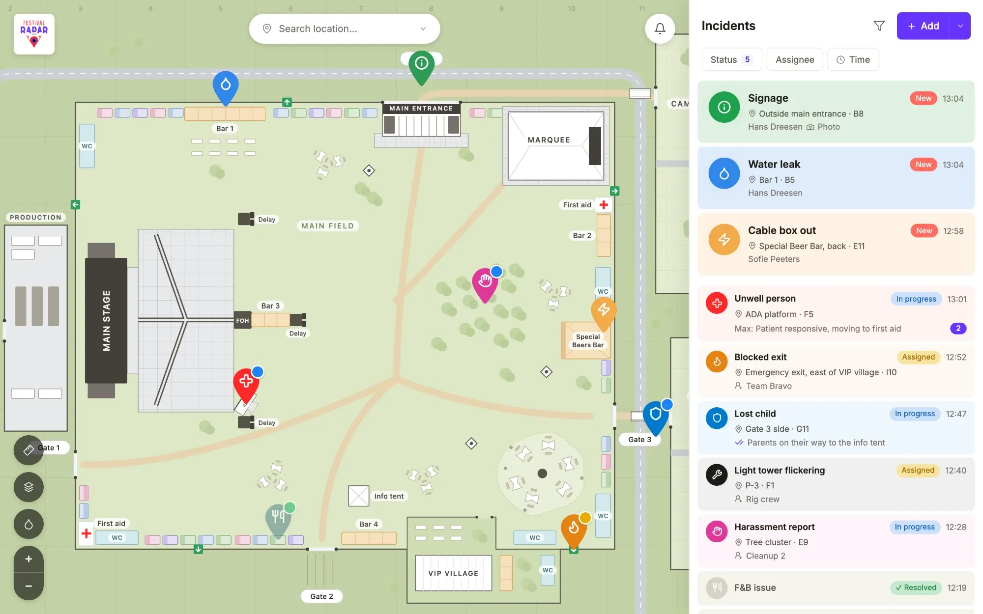 Control center map with incident pins and status badges